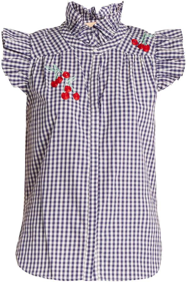 BLISS AND MISCHIEF Cherry-embroidered gingham cotton shirt