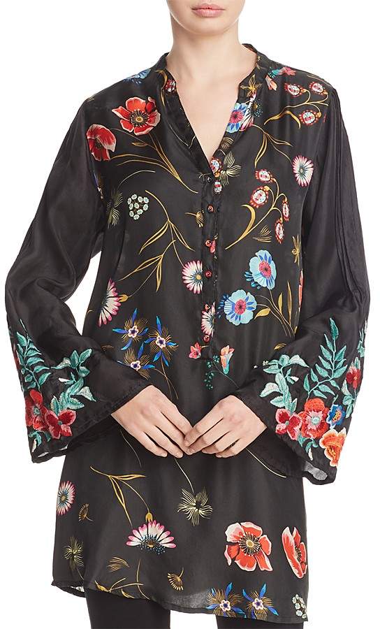 Johnny Was Lentino Floral Embroidered Bell Sleeve Silk Tunic