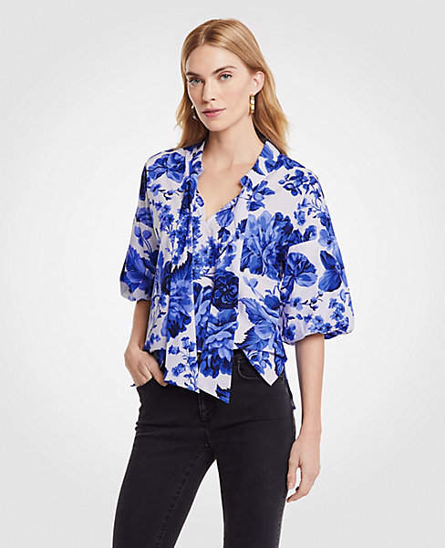 Floral Toile Tie Neck Puff Sleeve Blouse