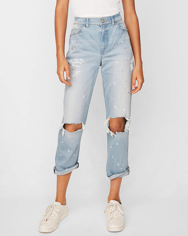 Express High Waisted Flower Ripped Original Girlfriend Jeans