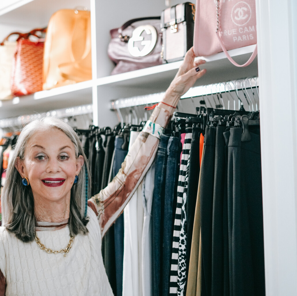 honey good with gray hair in an organized closet with chanel bag to show that to declutter your mind is as important as decluttering your space!