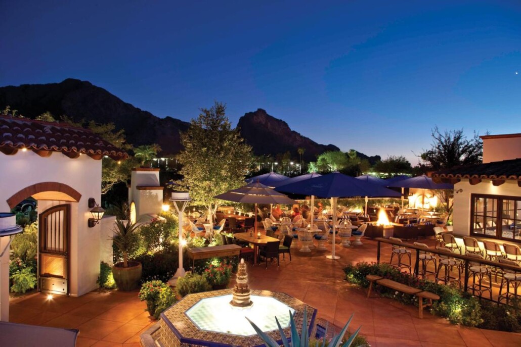 Image of an outdoor seating area at a restaurant in Scottsdale, Arizona, one of the best spots to visit in the fall. 