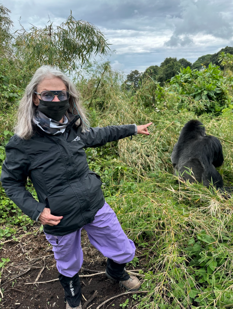 Honey Good with a silverback gorilla in Rwanda