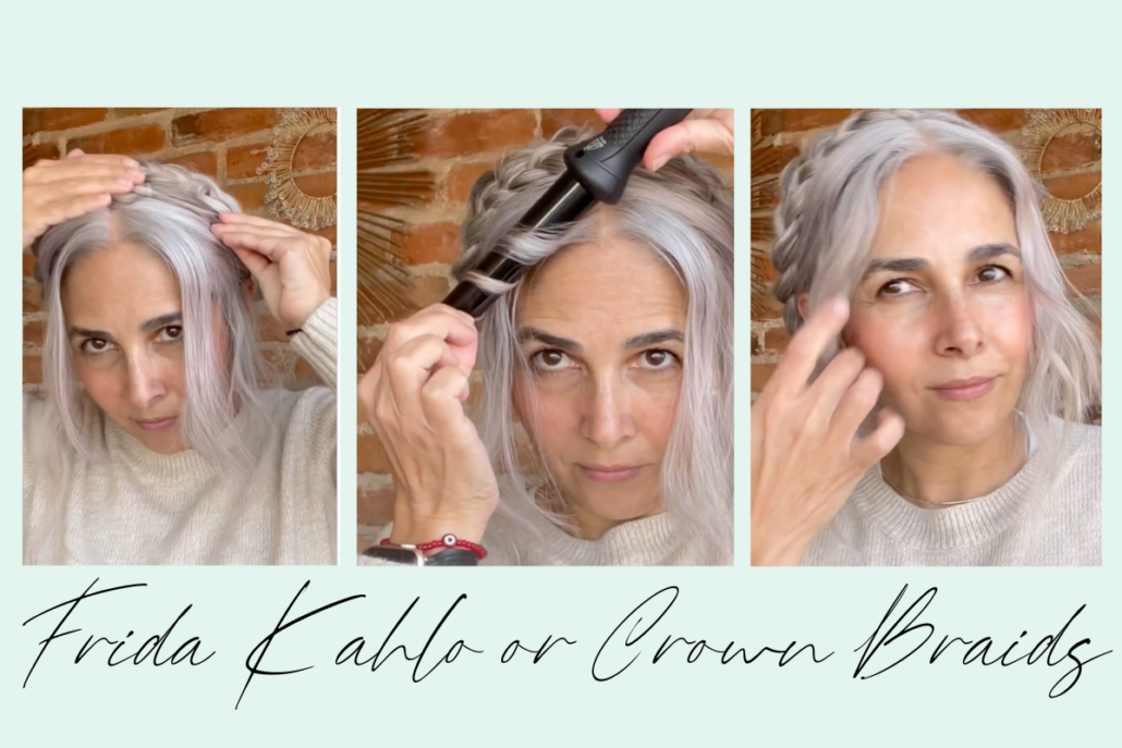grey haired woman over 50 braiding and styling her hair