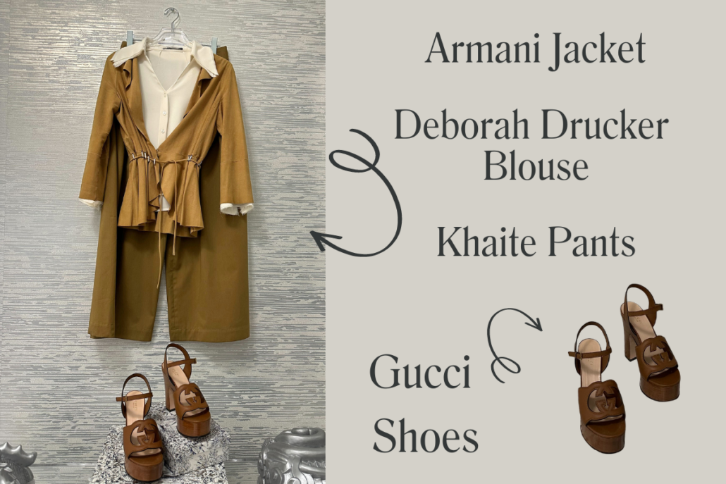 image of: graphic featuring a photograph of honey's resort wear outfit of army green wide leg pants, brown gucci platform sandals, a cream blouse and suede flowy Armani blazer