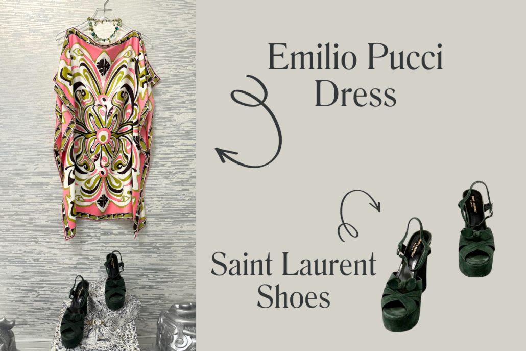 image of graphic featuring photo of Emilio Pucci dress paired with Saint Laurent strappy platform shoes hanging outside of Honey Good's closet showing the best resort wear for women over 50