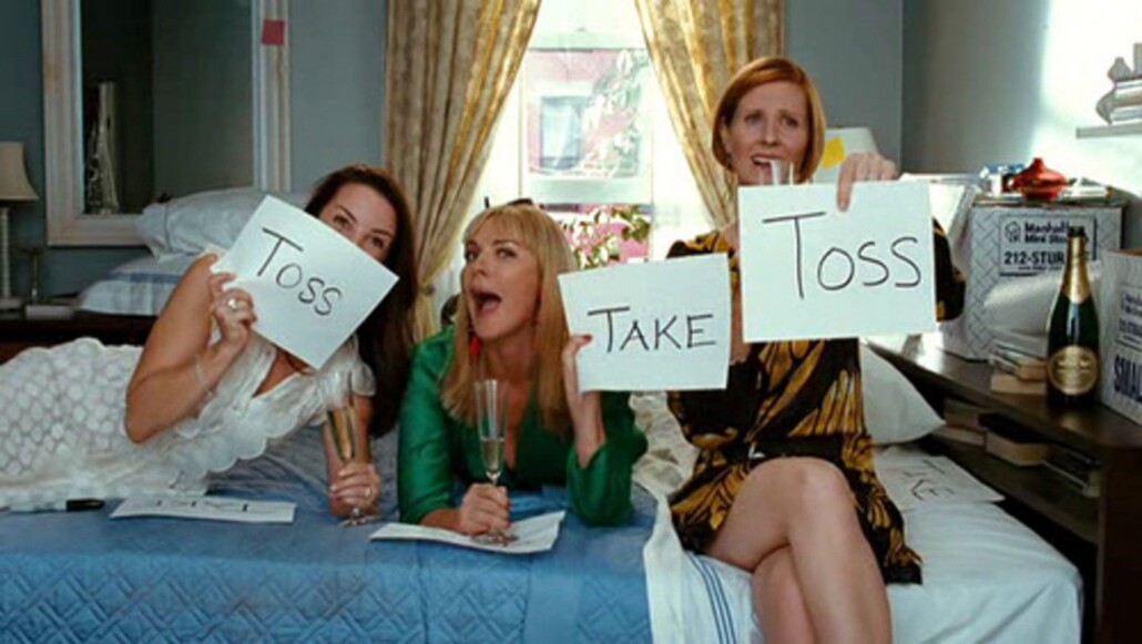 image of 3 women from the show Sex and the City holding signs that read either "take" or "toss"