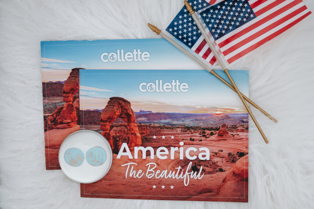 image of two Collette travel magazines with flags and a small image of a globe. 