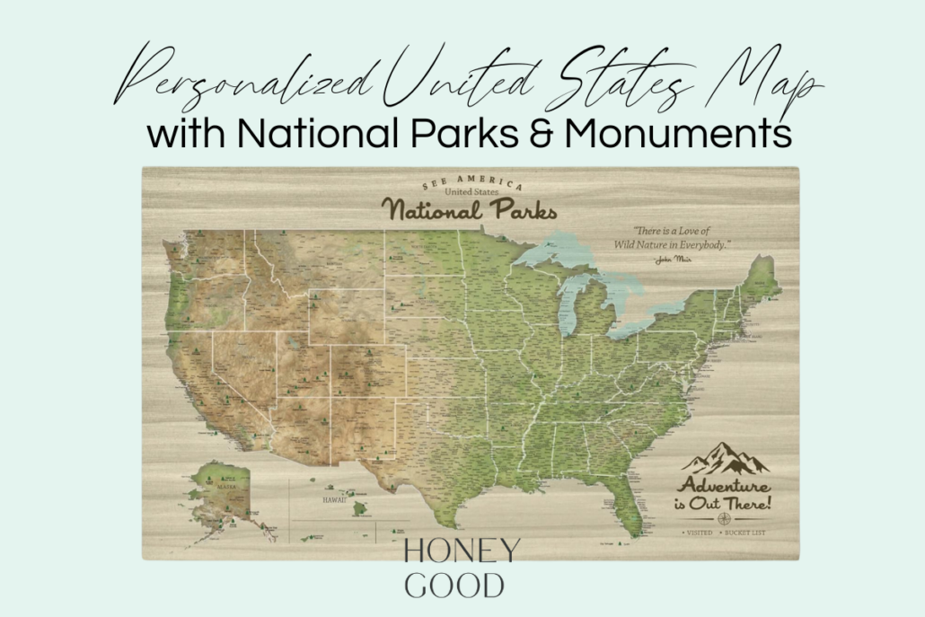 image of a keepsake map with a the national parks perfect to commemorate a romantic trip for Valentine's Day Gifts for him