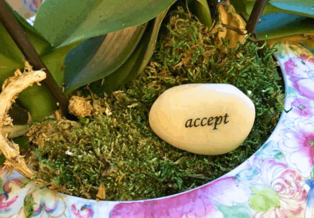 a stone that says the word accept 
