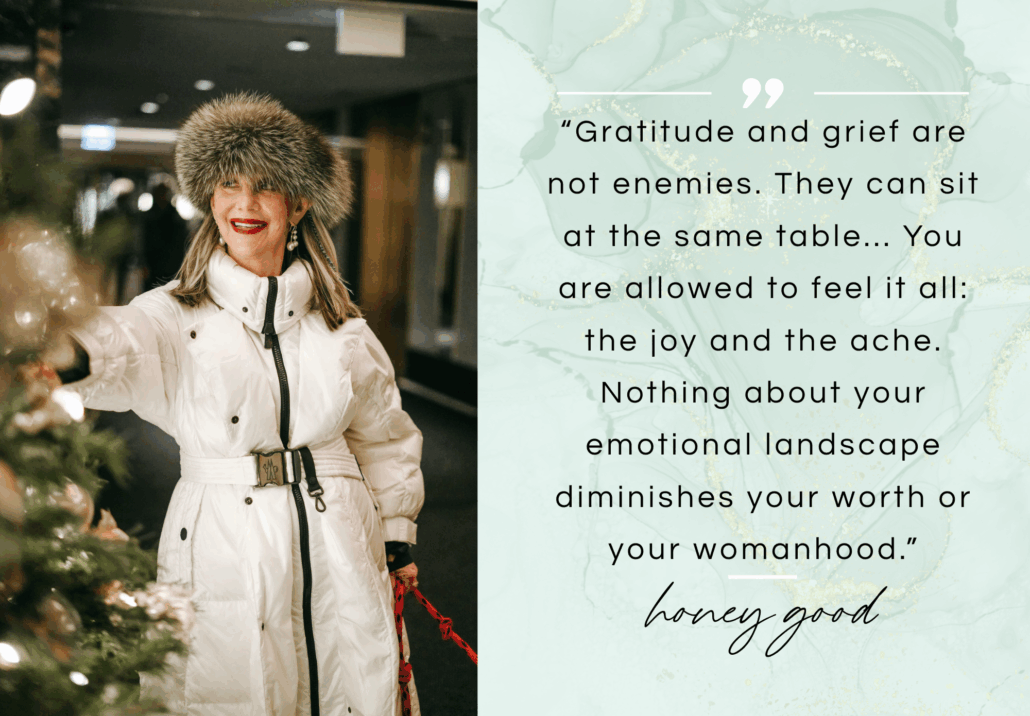 Honey looking at a Christmas tree with one of her quotes next to it