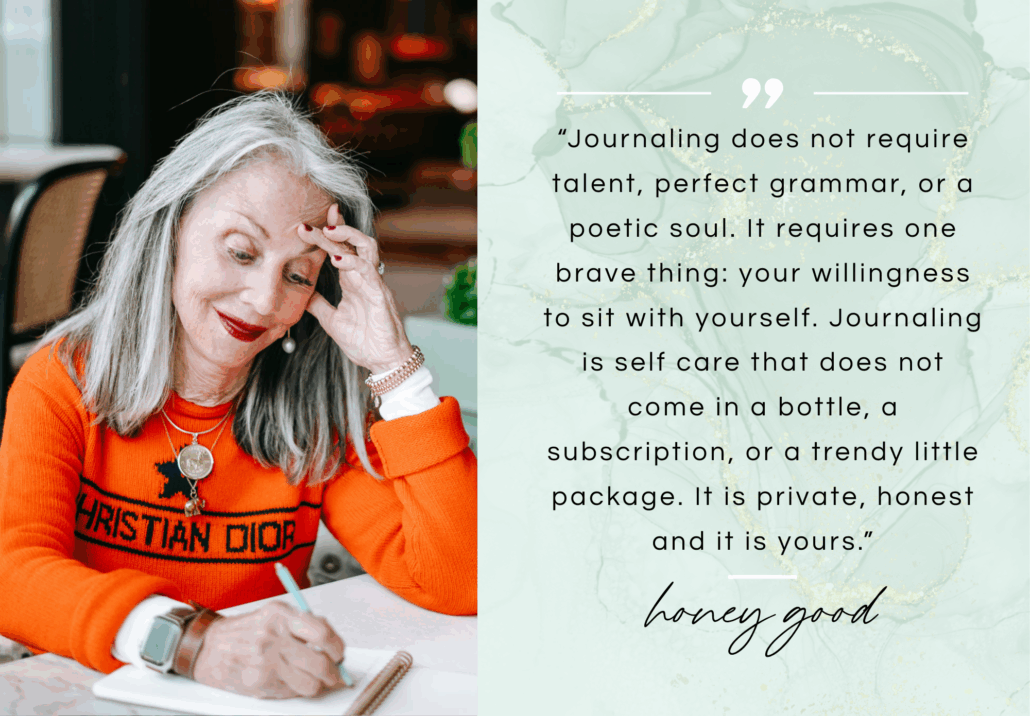 a photo of honey writing and looking at journal next to the benefits of journaling